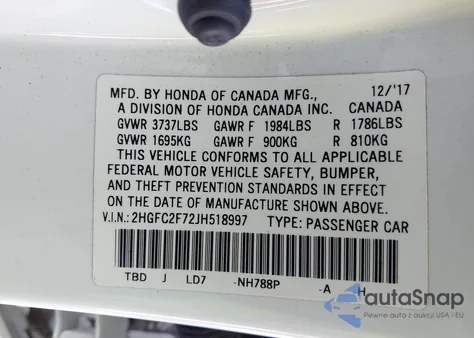 2018 Honda Civic Ex z USA, uszkodzony, nr VIN 2HGFC2F72JH518997